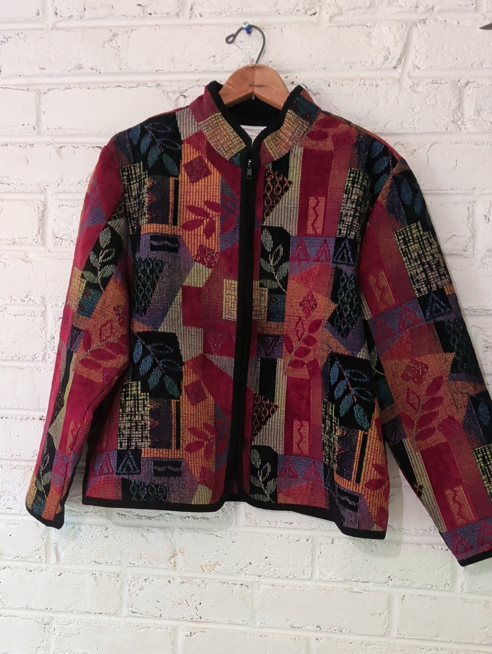 Coldwater Creek Multicolor Patchwork Jacket with Red and Black Trim